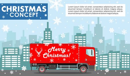 Christmas and New Year business concept. Detailed illustration of red delivery truck on background with winter cityscape in flat style. Vector illustration.のイラスト素材