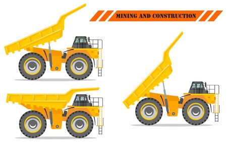 Off-highway truck with different body position. Heavy mining machine and construction equipment. Vector illustration.のイラスト素材