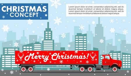 Christmas and New Year business concept. Detailed illustration of red delivery truck on background with winter cityscape in flat style. Vector illustration.のイラスト素材