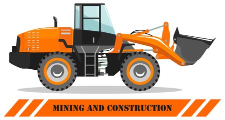 Wheel loader. Detailed illustration of heavy mining machine and construction equipment. Vector illustration.のイラスト素材
