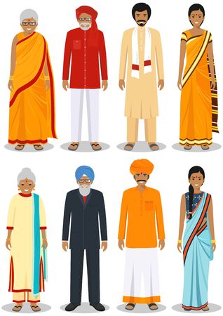 Set of different standing indian old people in the traditional clothing isolated on white background in flat style. Differences senior men and women in the national east dress. Vector illustration.のイラスト素材