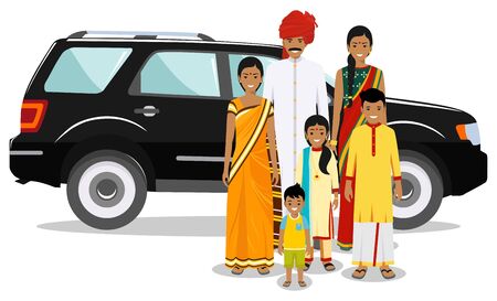 Family and social concept. Indian person generations at different ages. Set of people in traditional national clothes. Father, mother, boy, girl standing together near car. Vector illustration.のイラスト素材