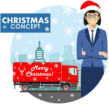 Christmas and New Year business concept. Detailed illustration of young businesswoman in the Santa Claus hat on background with red delivery truck and cityscape in flat style. Vector illustration.のイラスト素材