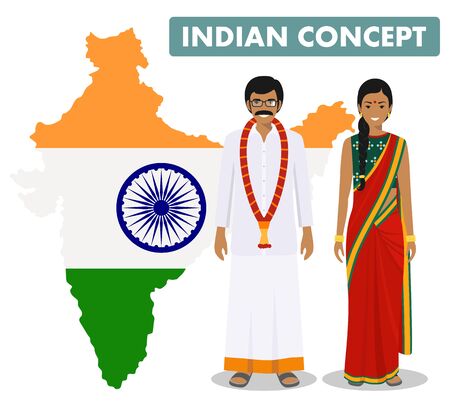 Family and social concept. Set of couple standing together indian man and woman in different traditional national clothes on background with map of India with national flag inside. Vector illustrationのイラスト素材