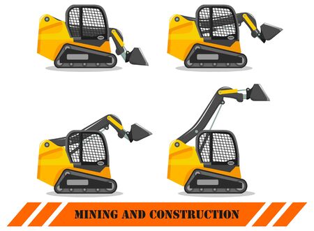 Skid steer loader with different boom position. Detailed illustration of heavy construction machine and mining equipment. Vector illustration.のイラスト素材