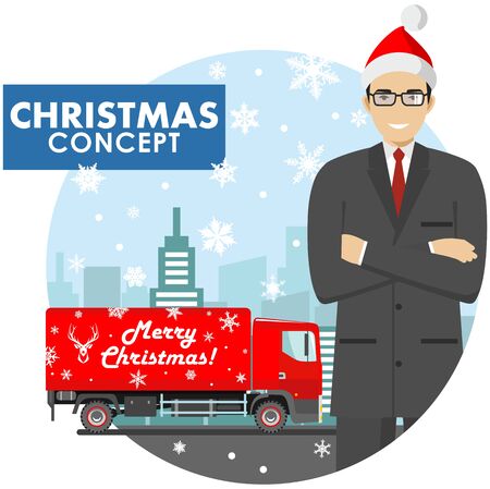 Christmas and New Year business concept. Detailed illustration of young businessman in the Santa Claus hat on background with red delivery truck and cityscape in flat style. Vector illustration.のイラスト素材