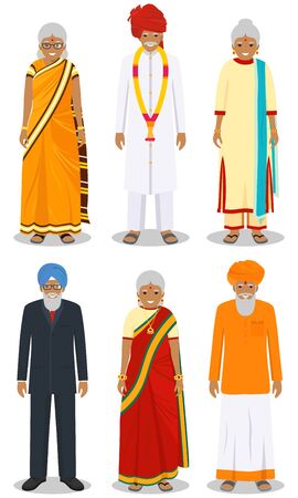 Set of different standing indian old people in the traditional clothing isolated on white background in flat style. Differences senior men and women in the national east dress. Vector illustration.のイラスト素材
