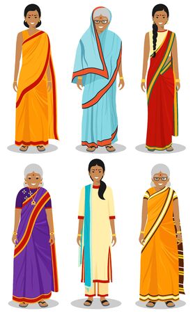 Indian woman. Set of different standing old, adult and young women in the traditional national clothing isolated on white background in flat style. Differences people in the east dress. Vector.のイラスト素材