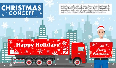 Christmas and New Year business concept. Detailed illustration of young deliveryman in the Santa Claus hat on background with red delivery truck and cityscape in flat style. Vector illustration.のイラスト素材