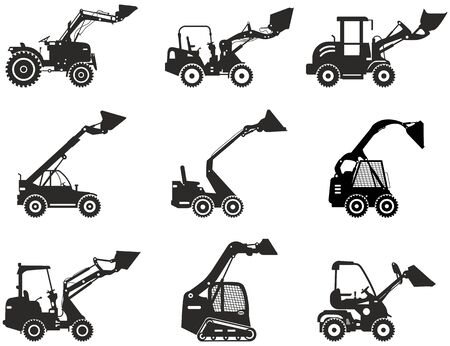 Set of skid steer loaders. Silhouette of heavy construction equipment and mining machine in flat style on the white background. Building machinery. Special equipment. Vector illustration.のイラスト素材