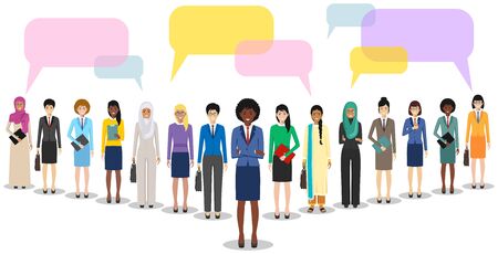Group of women businesswomen standing together and speech bubbles on white background in flat style. Business team and teamwork. Different nationalities and dress styles. Concept of the opinion poll.のイラスト素材