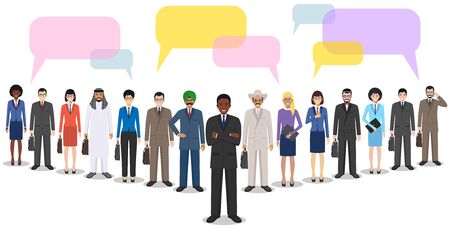 Group of creative people and speech bubbles isolated on white background. Set of diverse business people standing together. Different nationalities and dress styles. Cute and simple in flat style. Flat design people characters.のイラスト素材