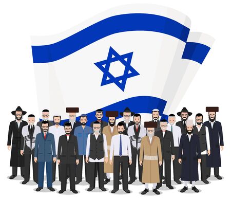 Social concept. Group adults and senior jewish people standing together in row in different traditional national clothes on background with Israel flag in flat style. Vector illustration.のイラスト素材