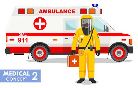 Medical concept. Detailed illustration of emergency doctor in yellow protective suit and mask near ambulance car in flat style background. Dangerous profession. Virus, infection, epidemic, quarantine.のイラスト素材