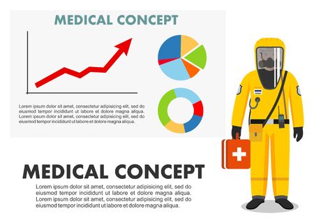Medical concept. Detailed illustration of standing man in yellow protective suit and mask near whiteboard with chart of analytics and graph with trend line rising up. Virus, infection, epidemic.のイラスト素材