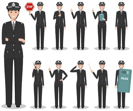 Police people concept. Detailed illustration of british policewoman in traditional uniform standing in different poses in flat style isolated on white background. Flat design people characters. Vector illustration.のイラスト素材