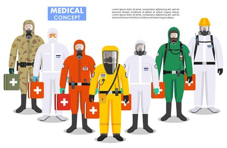 Medical concept. Detailed illustration different doctors in differences protective suits and masks on white background in flat style. Dangerous profession. Virus, infection, epidemic, quarantine.のイラスト素材