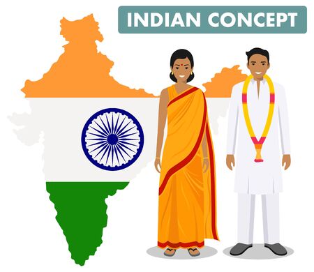 Family and social concept. Set of couple standing together indian man and woman in different traditional national clothes on background with map of India with national flag inside. Vector illustrationのイラスト素材