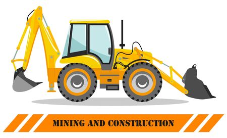Backhoe loader. Detailed illustration of heavy mining machine and construction equipment. Vector illustration.のイラスト素材