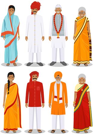 Set of different standing indian old people in the traditional clothing isolated on white background in flat style. Differences senior men and women in the national east dress. Vector illustration.のイラスト素材