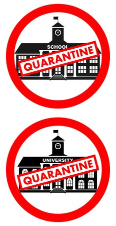 Virus concept. Quarantine sign on the background of classical school building, university, college isolated on white background. Banner, backdrop, icon. Vector illustration.のイラスト素材