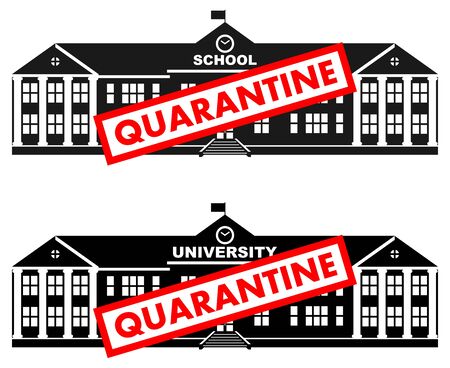 Virus concept. Quarantine sign on the background of classical school building, university, college isolated on white background. Banner, backdrop, icon. Vector illustration.のイラスト素材