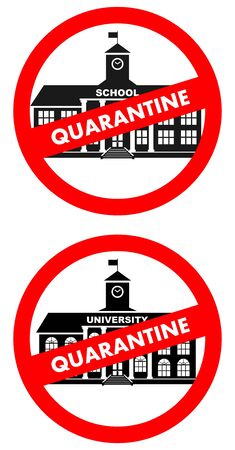Virus concept. Quarantine sign on the background of classical school building, university, college isolated on white background. Banner, backdrop, icon. Vector illustration.のイラスト素材