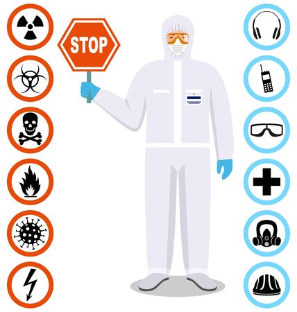 Medical concept. Illustration of standing doctor holds a stop sign. Man in yellow protective suit and mask. Dangerous profession. Virus, infection, epidemic, quarantine. Safety and health vector iconsのイラスト素材