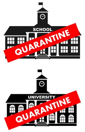 Virus concept. Quarantine sign on the background of classical school building, university, college isolated on white background. Banner, backdrop, icon. Vector illustration.のイラスト素材