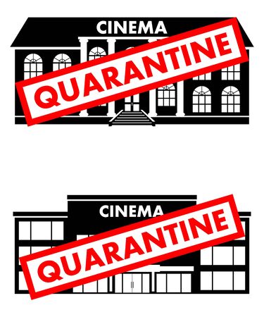 Virus concept. Quarantine sign on the background of cinema building, theater isolated on white background. Vector illustration.のイラスト素材