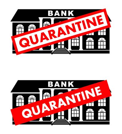 Virus concept. Quarantine sign on the background of bank building isolated on white background. Banner, backdrop, icon. Virus, infection, epidemic, quarantine. Vector illustration.のイラスト素材