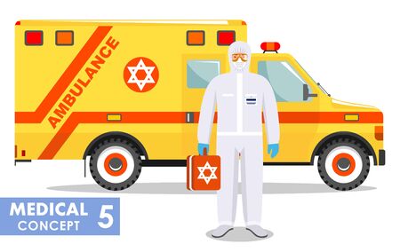 Medical concept. Detailed illustration of jewish emergency doctor in protective suit and mask near ambulance car in flat style background. Virus, infection, epidemic, quarantine. Vector illustration.のイラスト素材