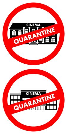 Virus concept. Quarantine sign on the background of cinema building, theater isolated on white background. Virus, infection, epidemic, quarantine. Banner, backdrop, icon. Vector illustration.のイラスト素材