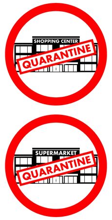 Virus concept. Quarantine sign on the background of shopping center building, supermarket, mall isolated on white background. Banner, backdrop, icon. Infection, virus, epidemic, quarantine. Vector illustration.のイラスト素材