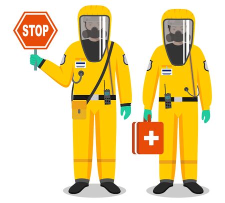 Medical concept. Couple of doctors man and woman standing together in protective suits and masks. Virus, infection, epidemic, quarantine. Dangerous profession. Vector illustration.のイラスト素材