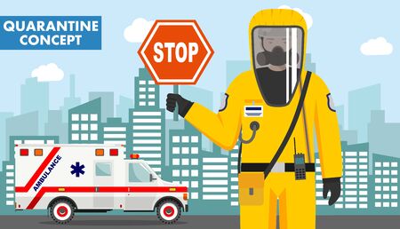 Quarantine and medical concept. Detailed illustration of emergency doctor in protective suit and mask on background with ambulance car and cityscape. Virus, infection, epidemic. Vector illustration.のイラスト素材