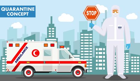 Quarantine and medical concept. Detailed illustration of doctor in protective suit and mask near ambulance car on background with cityscape in flat style. Virus, infection, epidemic, quarantine. Vector illustration.のイラスト素材