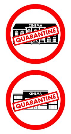 Virus concept. Quarantine sign on the background of cinema building, theater isolated on white background. Virus, infection, epidemic, quarantine. Banner, backdrop, icon. Vector illustration.のイラスト素材