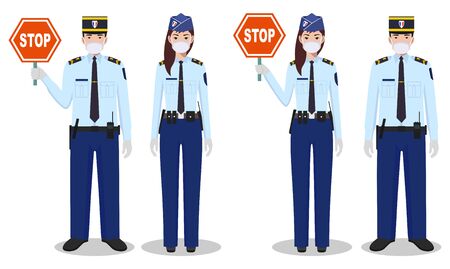 Police and quarantine concept. Couple of french policeman and policewoman in traditional uniforms and protective masks standing together on white background in flat style. Vector illustration.のイラスト素材