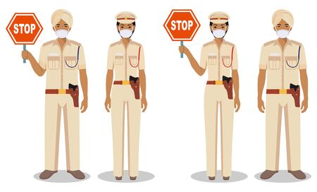 Couple of indian police people in traditional uniforms and protective masks isolated on white background. Set of policeman and policewoman standing together. Virus, infection, epidemic.のイラスト素材