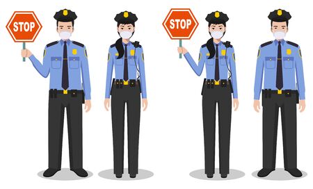 Police USA and quarantine concept. Couple of american policeman and policewoman in traditional uniforms and protective masks standing together on white background in flat style. Vector illustration.のイラスト素材