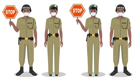 Police and quarantine concept. Couple of african policeman and policewoman in traditional uniforms and protective masks standing together on white background in flat style. Vector illustration.のイラスト素材