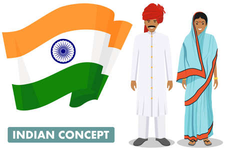 Family and social concept. Set of couple standing together indian man and woman in different traditional national clothes on background with map of India in flat style. Vector illustration.のイラスト素材