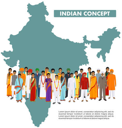 Family and social concept. Group indian young people standing together in different traditional national clothes on background with map of India in flat style. Vector illustration.のイラスト素材