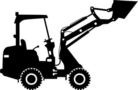 Silhouette of Compact Skid Steer Loader with Bucket and Wheels Icon in Flat Style.のイラスト素材