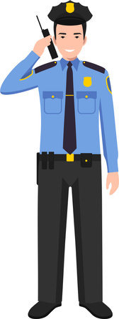 Standing American Policeman Officer with Walkie-Talkie in Traditional Uniform Character Icon in Flat Style.のイラスト素材