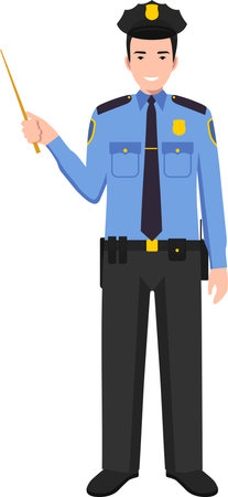 Standing American Policeman Officer with Wooden Pointer Stick in Traditional Uniform Character Icon in Flat Style.のイラスト素材