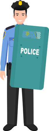Standing American Policeman Officer with Metal Protective Shield in Traditional Uniform Character Icon in Flat Style.のイラスト素材