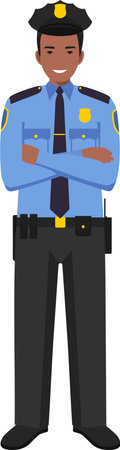 Standing African American Policeman Officer in Traditional Uniform Character Icon in Flat Style.のイラスト素材