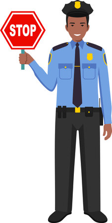 Standing African American Policeman Officer with Warning Sign Stop in Traditional Uniform Character Icon in Flat Style.のイラスト素材